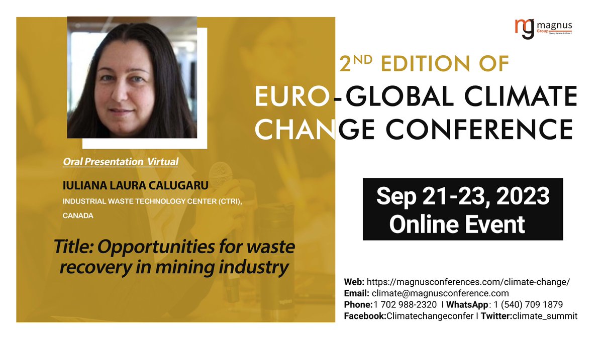 climate_summit's tweet photo. We're beyond excited to announce that Iuliana Laura Calugaru from Centre Technologique des Residus Industriels, Canada will be gracing our stage at @climate_summit.Get ready for an unforgettable experience!
Visit: https://t.co/xZYYmQKJ2W #virtualconference #egccc #climatechange https://t.co/lMOS9r7gi6