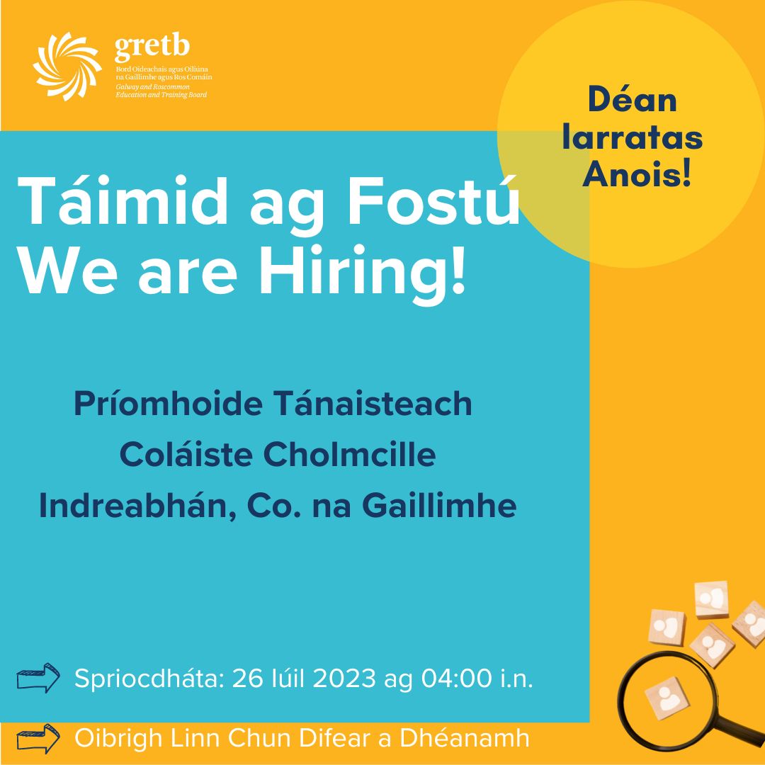 🔎Príomhoide Tánaisteach 
📍Coláiste Cholmcille @CC_Indreabhan 

Déan Iarratas anois: gretbcareers.thehirelab.com/Live.../JobApp…...

#GRETB #jobfairy #Galway #Gaillimh #siógnabpost #etbcareers #school #scoil @irishjobfairy