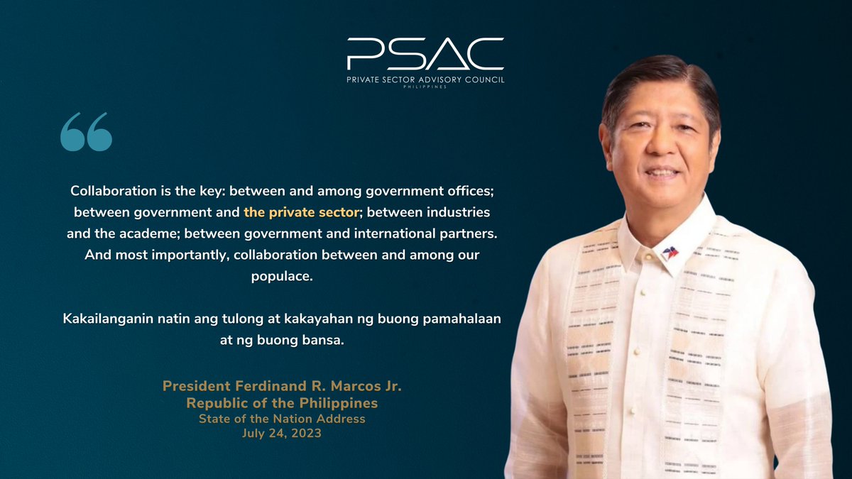 PSAC_PH's tweet photo. #SONA2023 PBBM acknowledges the crucial role of the private sector advisory councils in shaping our nation's future!🇵🇭Emphasizing collaborative efforts,he stresses that engaging w/ industry experts is vital for sustainable growth &amp; progress.#StrongerTogether #PhilippinesForward🚀 https://t.co/qIwYhhXn2m