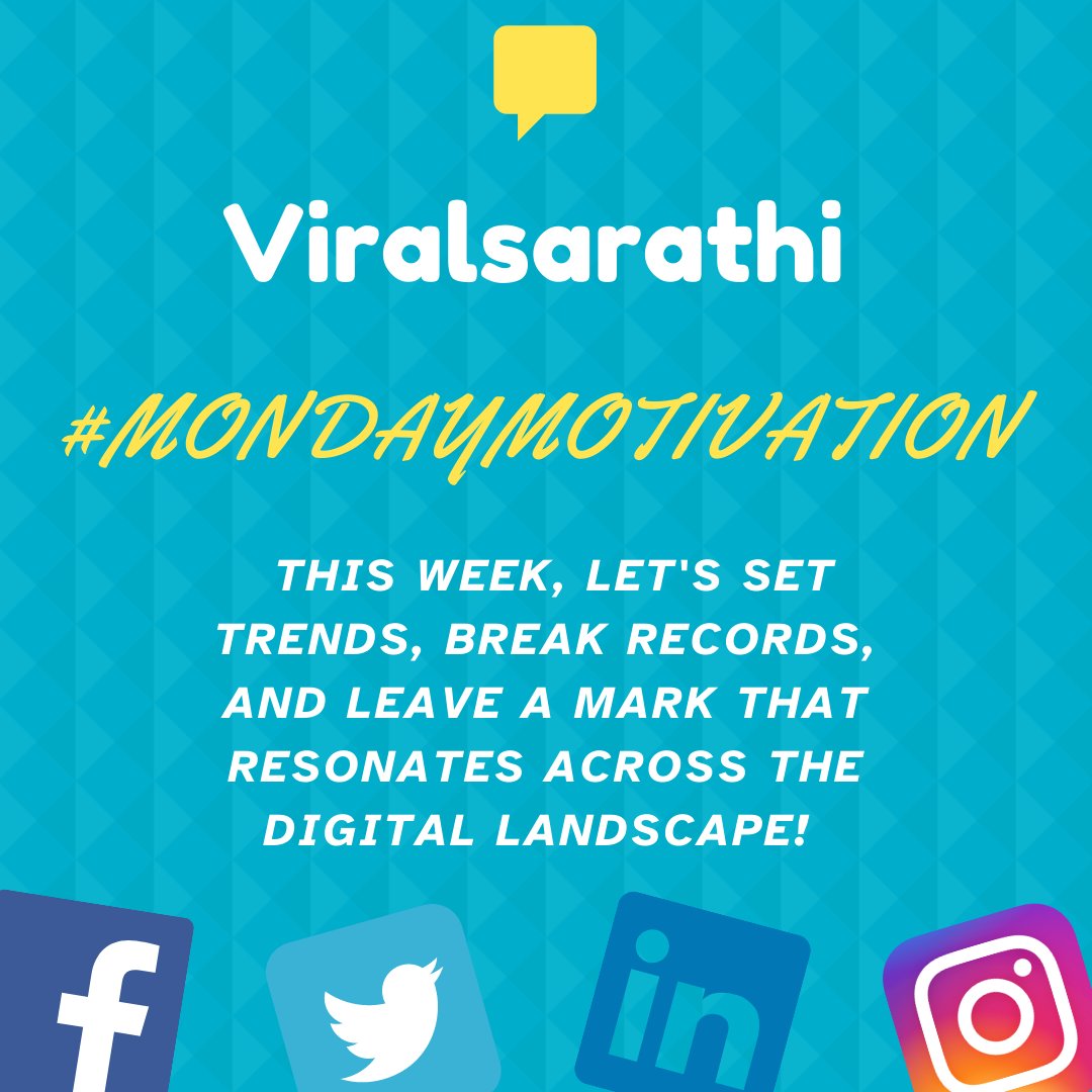 Let's make this Monday and the entire week a resounding success! 🚀💼
COMMENT AND RE-TWEET TO SOLVE YOUR RELATED DIGITAL PROBLEMS 🚀

 #Viralsarathi #DigitalMarketingPros #RiseAndShine #InnovateAndInspire #MarketingMagic #UnleashTheViralPower #SuccessUnleashed #ViralizeYourBrand