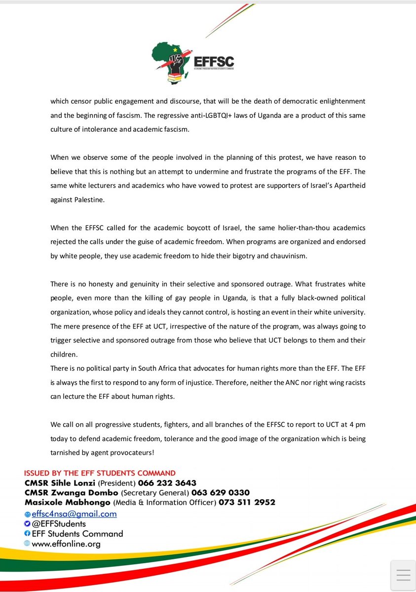 EFFYouthCommand's tweet photo. ♦️MUST READ♦️

EFFSC STATEMENT ON PROF P.L.O LUMUMBA PUBLIC LECTURE AT UCT

The EFFSC calls on all fighters, students and all branches of the EFFSC to report to UCT at 4 pm today to defend academic freedom, tolerance and the good image of the organization.

#EFFTurns10 https://t.co/13xxtgutqP