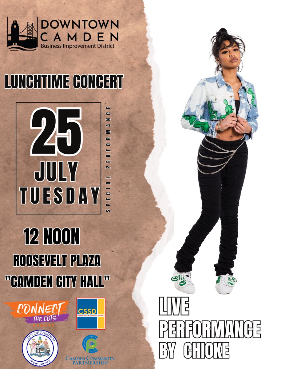 CTLcamden (@ctlcamden) on Twitter photo Get out of the office and come to the park for your lunch break. This Tuesday, July 25th the lovely Choike will perform at Roosevelt Plaza Park in front of City hall. Pack a lunch, grab a cuban sandwich from <a href="/LunchboxCamden/">Camden LunchBox</a> or tacos from <a href="/SaborStreet/">El Sabor Street Food</a> food truck! #MydowntownCamden Get out of the office and come to the park for your lunch break. This Tuesday, July 25th the lovely Choike will perform at Roosevelt Plaza Park in front of City hall. Pack a lunch, grab a cuban sandwich from <a href="/LunchboxCamden/">Camden LunchBox</a> or tacos from <a href="/SaborStreet/">El Sabor Street Food</a> food truck! #MydowntownCamden