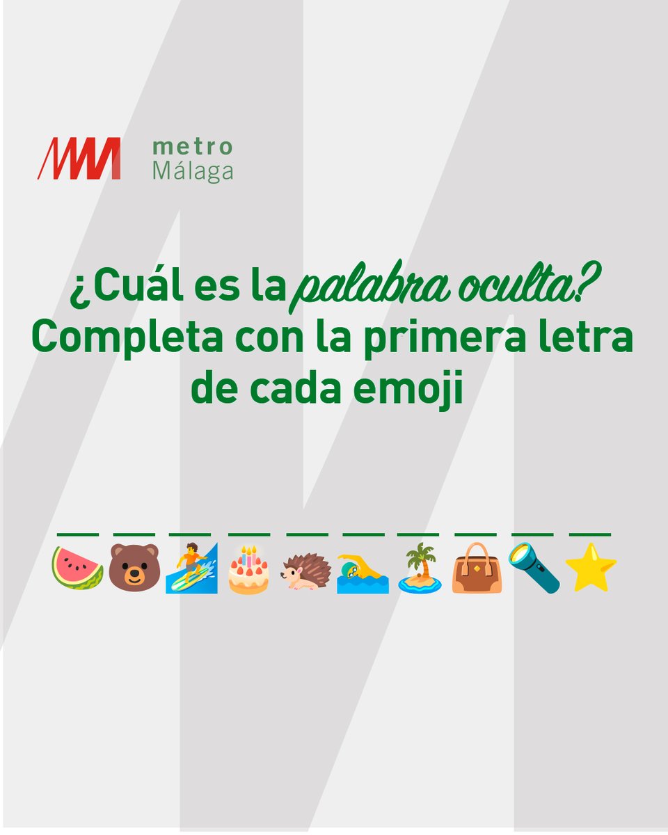 ¿Te apetece un juego rápido? 🧩 ¡Adivina la palabra oculta con estos emojis! 😜 Si sabes cuál es la respuesta correcta, déjanos un comentario. 💬👇🏻 #metromálaga #metrodemálaga #metro #málaga #viajaenmetro #muéveteenmetro #transportesostenible