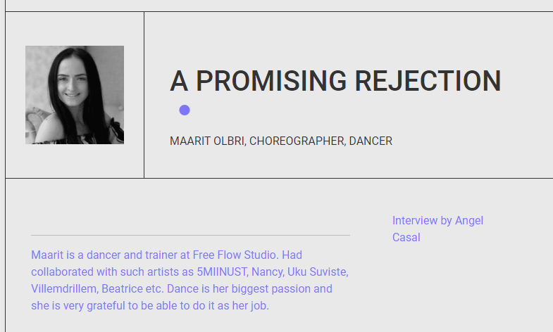 We are so happy to announce that our Estonian artists have been added to the Rejected Gallery online! You will find Maarit's story listed along with artists from around the world in different disciplines talk about rejection.

rejected.gallery/maarit-olbri/