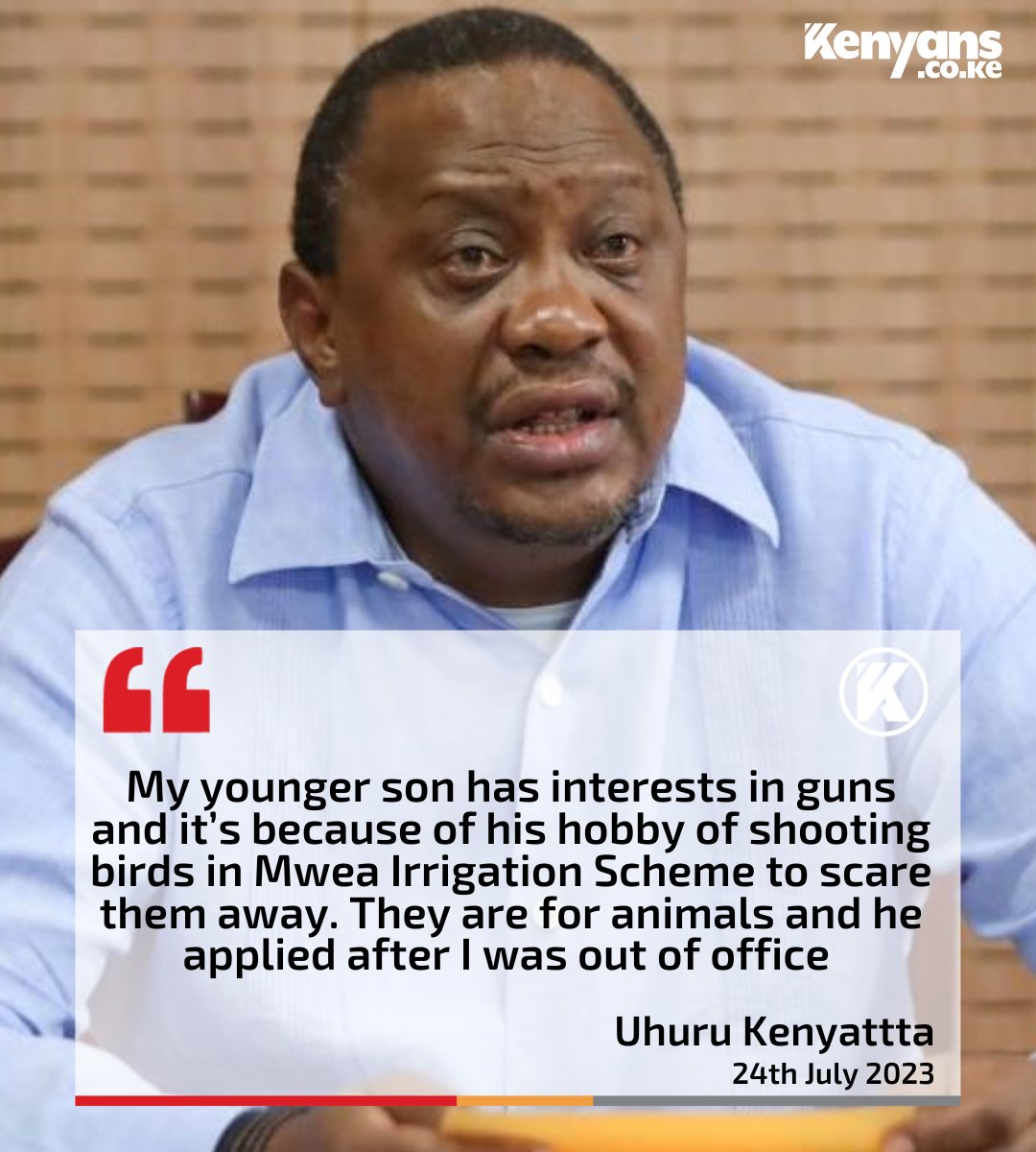 Kenyans's tweet photo. My younger son has interests in guns and it’s because of his hobby of shooting birds in Mwea Irrigation Scheme - Uhuru Kenyatta https://t.co/OfpETWo3xe