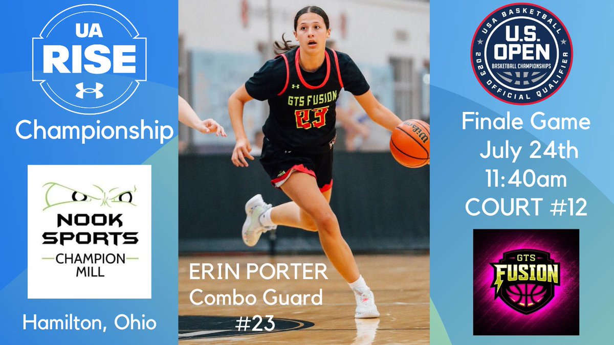 PorterClass2024's tweet photo. UA Rise Championship 
Finale Game Mon July 24th @ 11:40am
Court #12
Spooky Nook🏀Hamilton, Ohio
@UAbasketball
@GTS_Fusion 
@Jasmith1989 
@UANextGHoops 
@_coach_noonan_ 
 #class2024 #AAU #NCAAWB #NCAAW #D2WBB #NCAAD3
#d3Hoops #NCAAD2
#WomensBasketball #getfused #uanext https://t.co/tKXR9li5PG