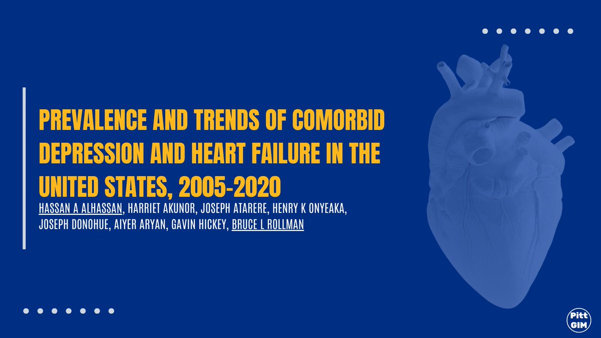 A research letter by previous resident @adam_dr_, Bruce Rollman (@PittHealthTech), & more reviews the prevalence & trends of comorbid #depression & #HeartFailure in the US from 2005 to 2020.
Read it here: https://t.co/4PVzP7C05x https://t.co/UIipMsqcYY