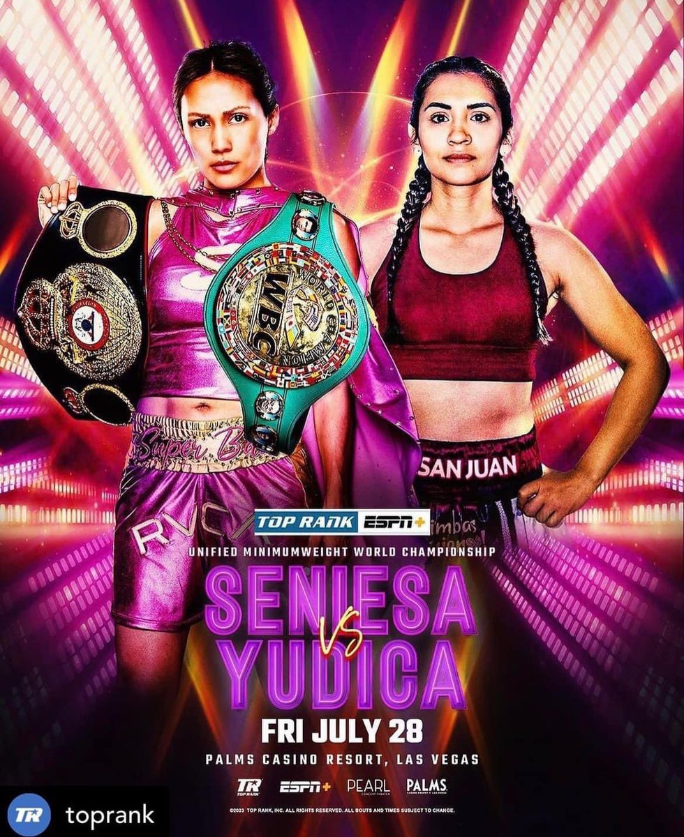 ‼️ Fight week ‼️

@SeniesaEstrada 🇺🇸 defends her WBC & WBA World Minimumweight titles against Leonela Paola Yudica 🇦🇷 this Friday in Las Vegas 🔥

#seniesaestrada #estradayudica #boxing