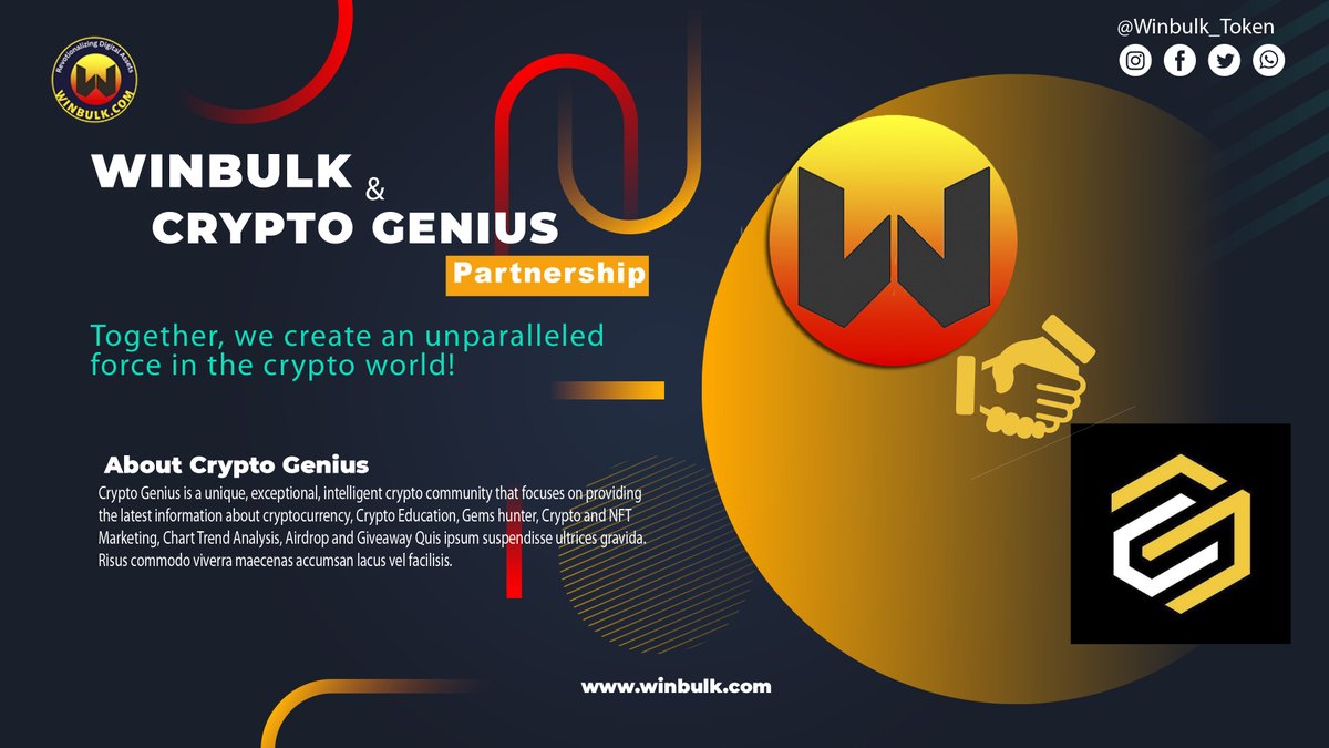 🎉 We are thrilled to announce our groundbreaking Partnership with CRYPTO GENIUS! 🎉
Crypto Genius is an unparalleled force in the marketing realm.
🔥 We are joining forces for an unstoppable journey to success! 🔥

#Winbulk #WBUK #CryptoGenius