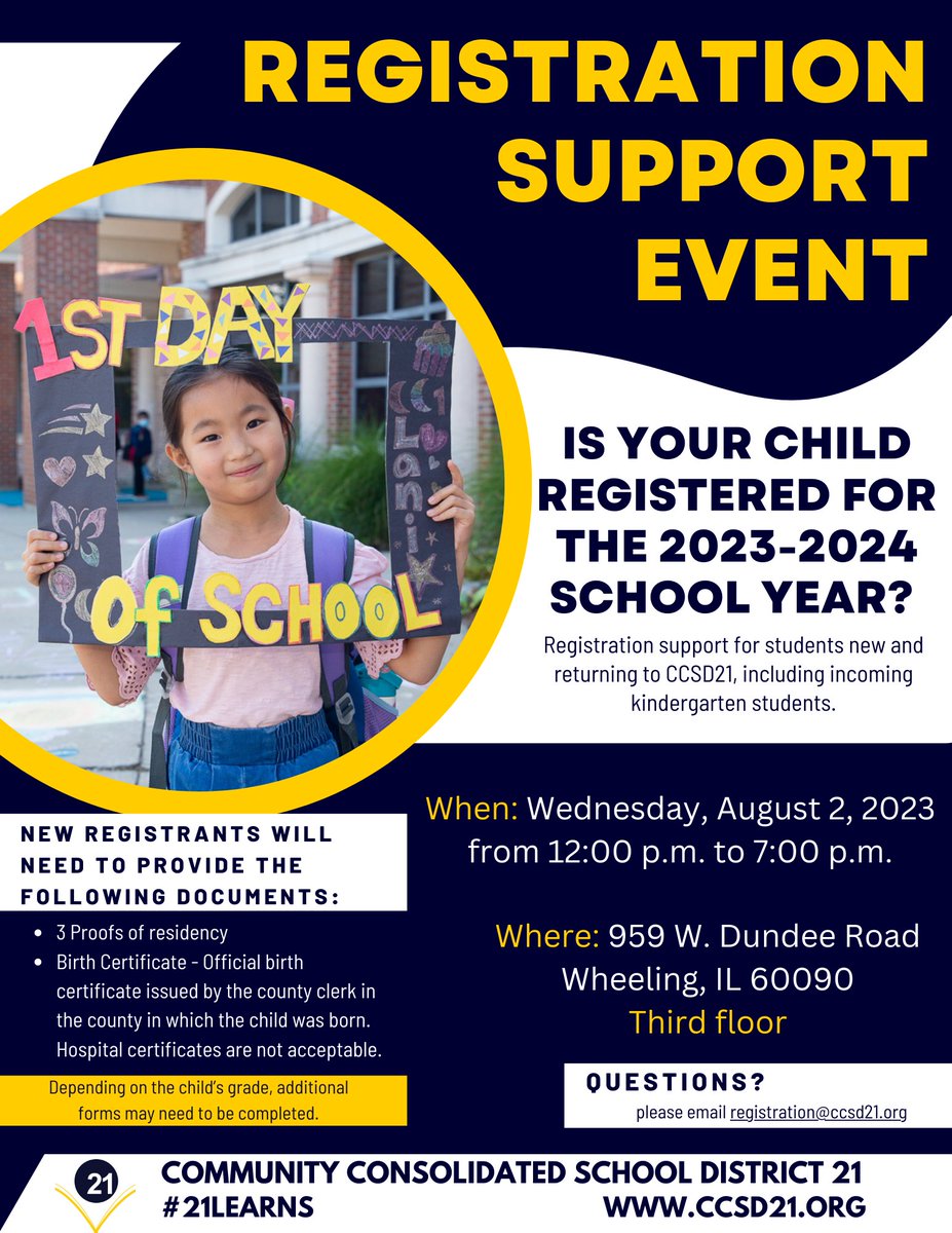 ccsd21's tweet photo. Is your student registered for the 2023-2024 school year? If not, we're hosting a registration support event to help you! #21Learns

If you are moving out of the district, please advise registration@ccsd21.org. https://t.co/DFV12Ekfm5