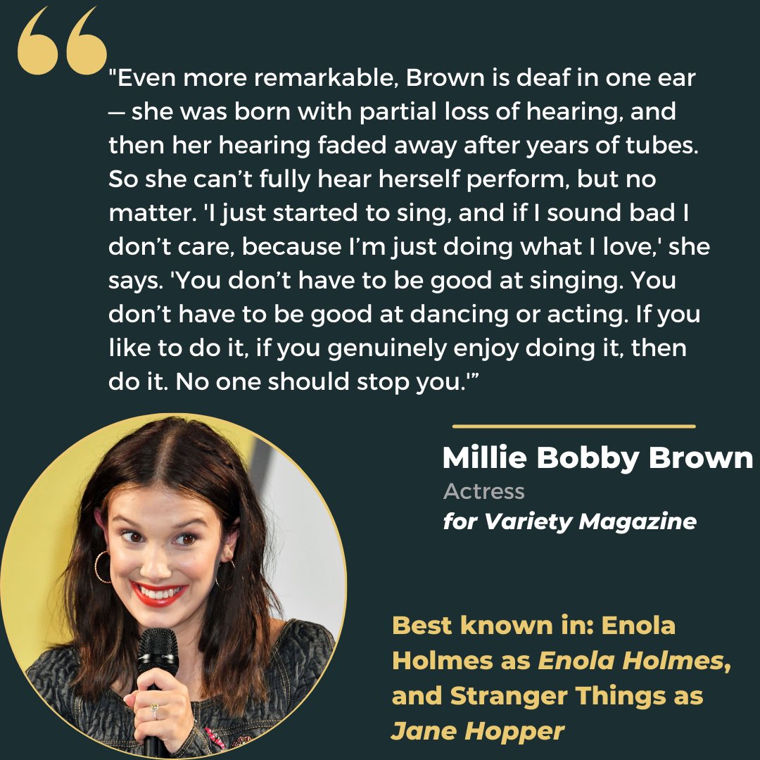 Actress Millie Bobby Brown has partial hearing loss and does not let that stop her from anything! #DisabilityPrideMonth #Inclusion #Equity #MCCR https://t.co/TDXKqxKLNM