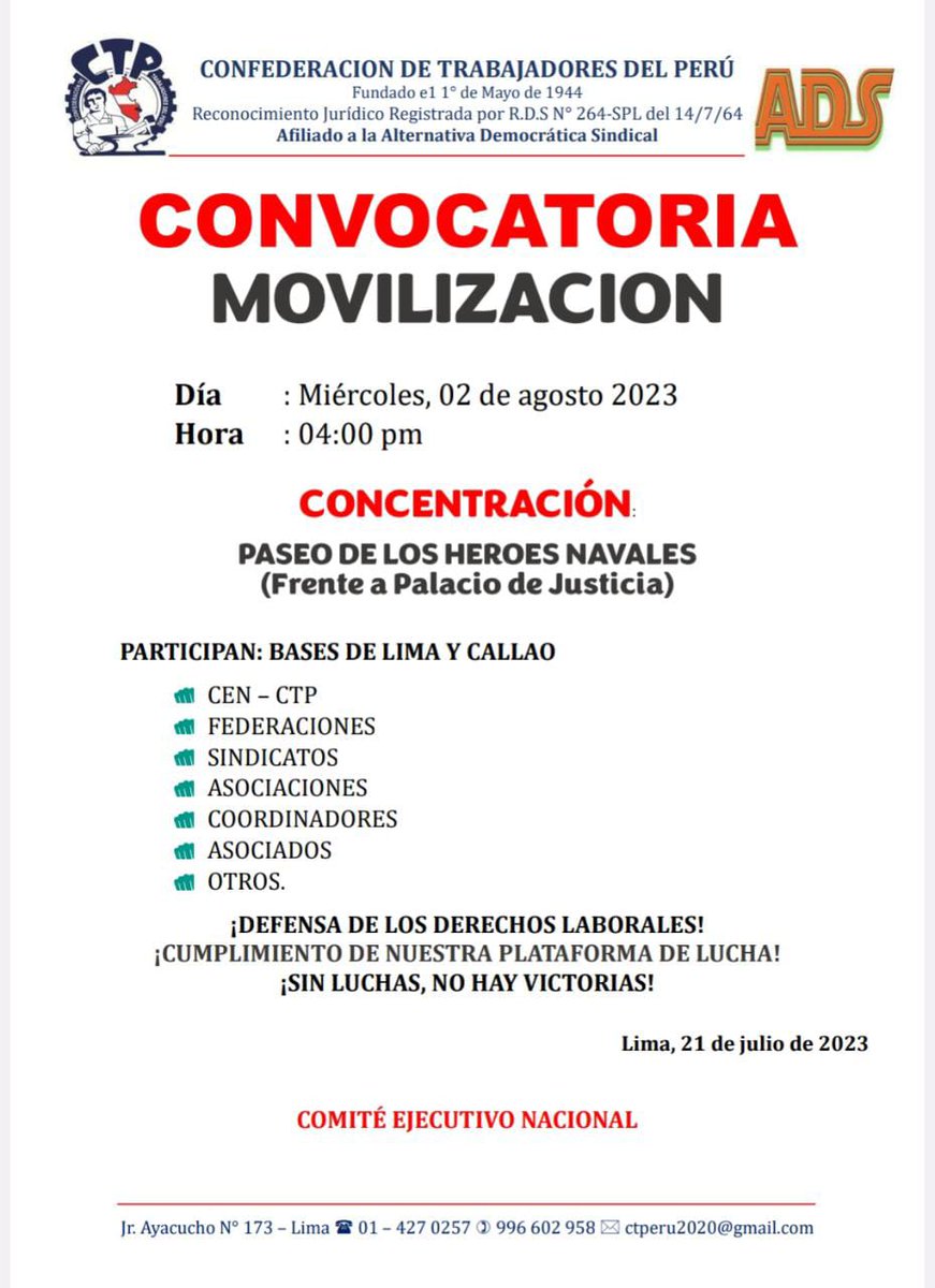 Desde el movimiento sindical obrero este #8A nos movilizamos en defensa de los derechos laborales, por empleos dignos con justicia social y contra la incapacidad <a href="/presidenciaperu/">Presidencia del Perú 🇵🇪</a> y <a href="/congresoperu/">Congreso del Perú 🇵🇪</a> 
#VamosTodos Unidos Venceremos ✊
<a href="/FidelBuitronP/">Fidel Buitron Espinoza</a> <a href="/FuerzaSindicalP/">Russell NGonzales 🇵🇪</a> <a href="/primerafuente1/">🇵🇪 Elí Castelo</a>