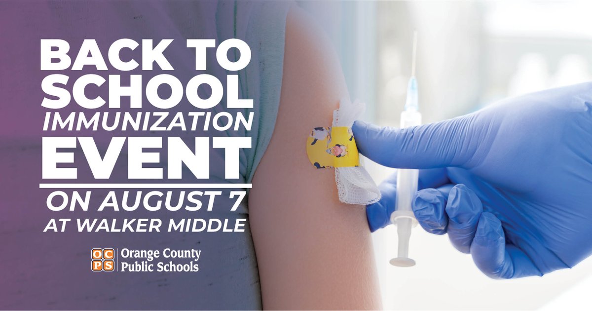 WalkerMS_OCPS's tweet image. Reminder: Immunization event at Walker Middle School Gym on August 7th, 2023 from 9am-1pm for student safety.