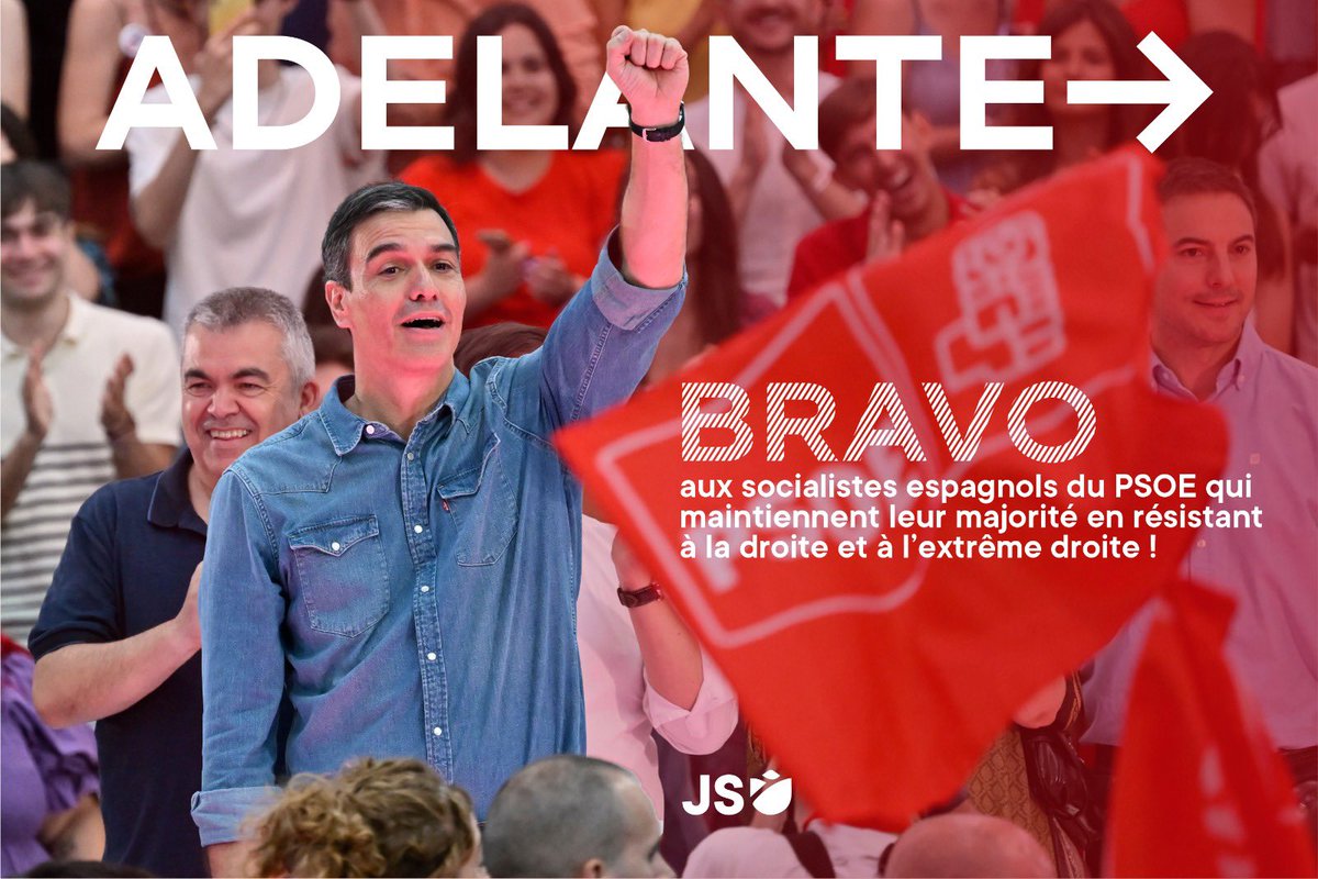 ¡Gracias <a href="/PSOE/">PSOE</a>! Félicitations aux socialistes espagnols qui maintiennent leur majorité et résistent à la droite néolibérale et à l’extrême droite ! ✊🌹