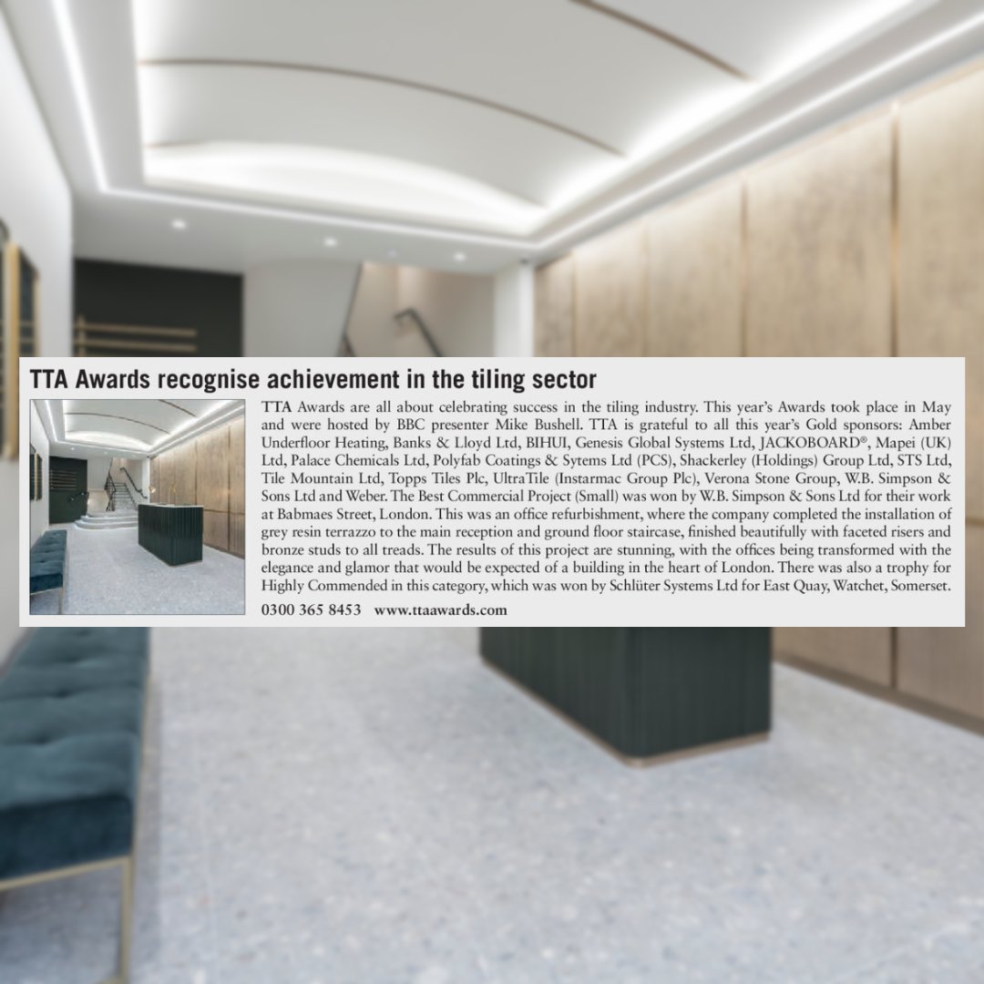 Did you see us in Architects’ Datafile?

Our award-winning office refurb project, Babmaes Street London, was featured as the Best Commercial Project (small) of TTA Awards 2023.

Read more: content.yudu.com/web/1yxz1/0A44…