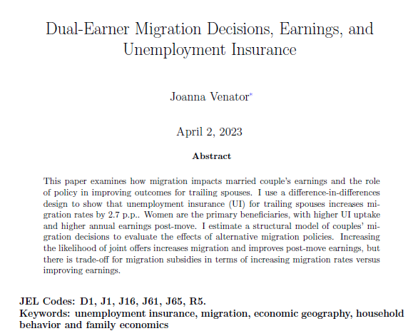 Excited to be presenting my work on dual-earner migration and it's impacts on men and women's earnings, tomorrow Tues 7/25 1:45 pm ET at NBER SI Gender! Paper here: conference.nber.org/conf_papers/f1… Youtube livestream here: youtube.com/nbervideos)