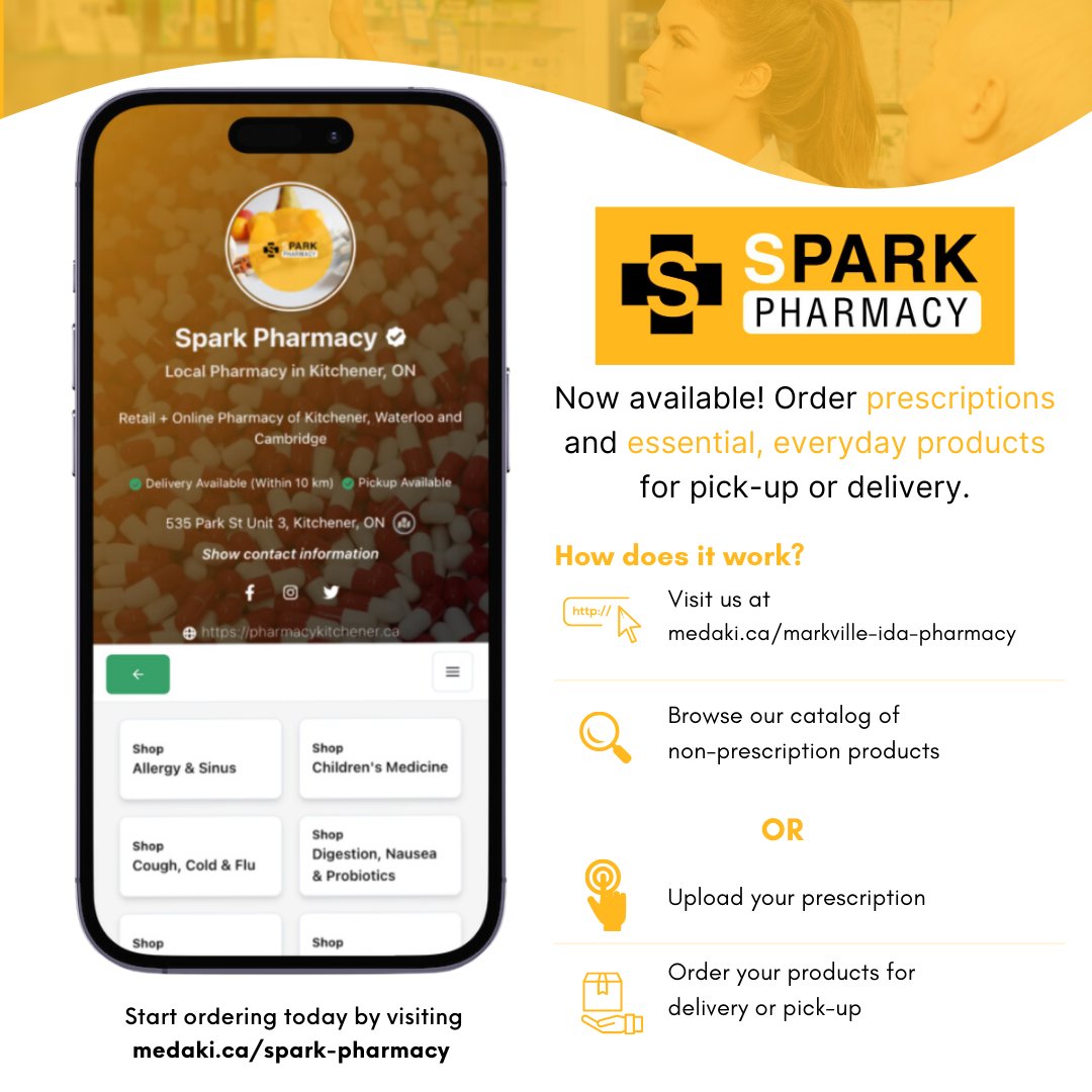 MedaKi is continuing to expand! Now in Kitchener, Ontario, at Spark Pharmacy.

Shop for all your pharmacy essentials and order your prescriptions online. Local delivery option available.

Checkout Spark Pharmacy using the following link: medaki.ca/spark-pharmacy