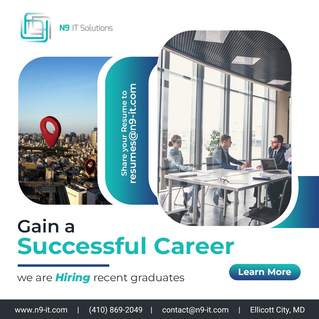 We are hiring graduates and post-graduates for exciting roles at our Advanced Technology Center in USA. Just mail your resume to resumes@n9-it.com Contact us for more details - +1 410-869-2049 Website - n9-it.com #n9itsolutions