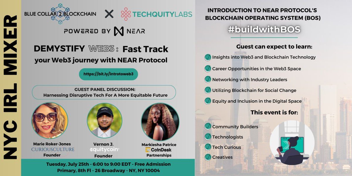 techquitylabs_'s tweet image. Join us for an interactive evening! Tues, July 25th from 6:00- 9:00pm EST. Register here- bit.ly/introtoweb3