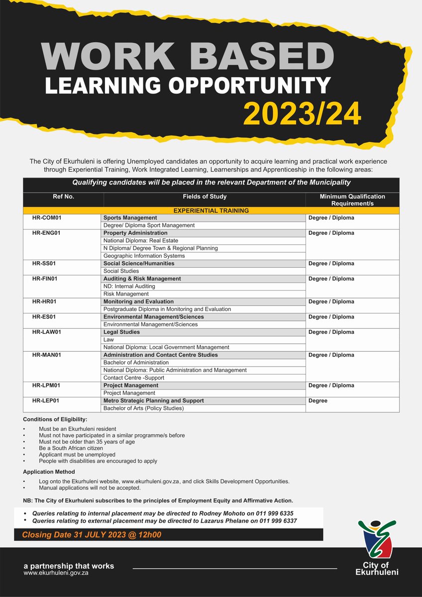 🎓 Apply now for the #CoE experiential graduate training programme 2023/24! Unemployed graduates, this is your chance! 📅 Deadline: July 31, 2023. Don't miss out! Click here to register: ekurhuleni.taleo.net/careersection/… 📝 
 #GraduateProgram #CoECare