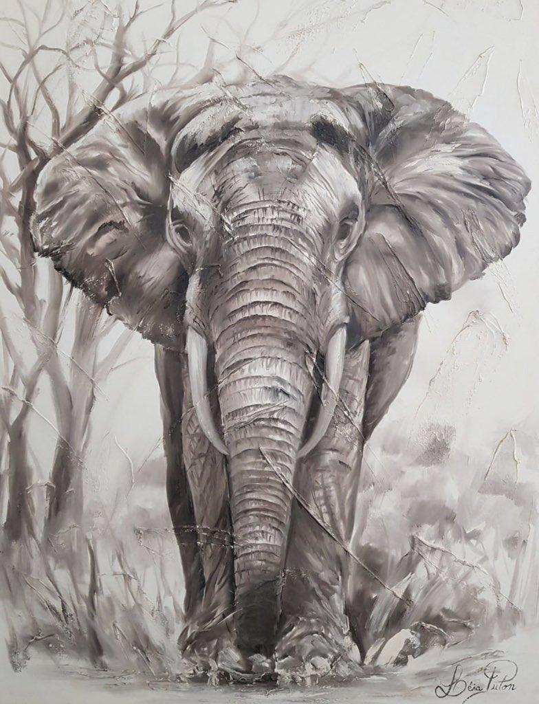 my lonely elephant soon I will show him more cheerful and colorful. This is an impressionist oil on canvas painting.