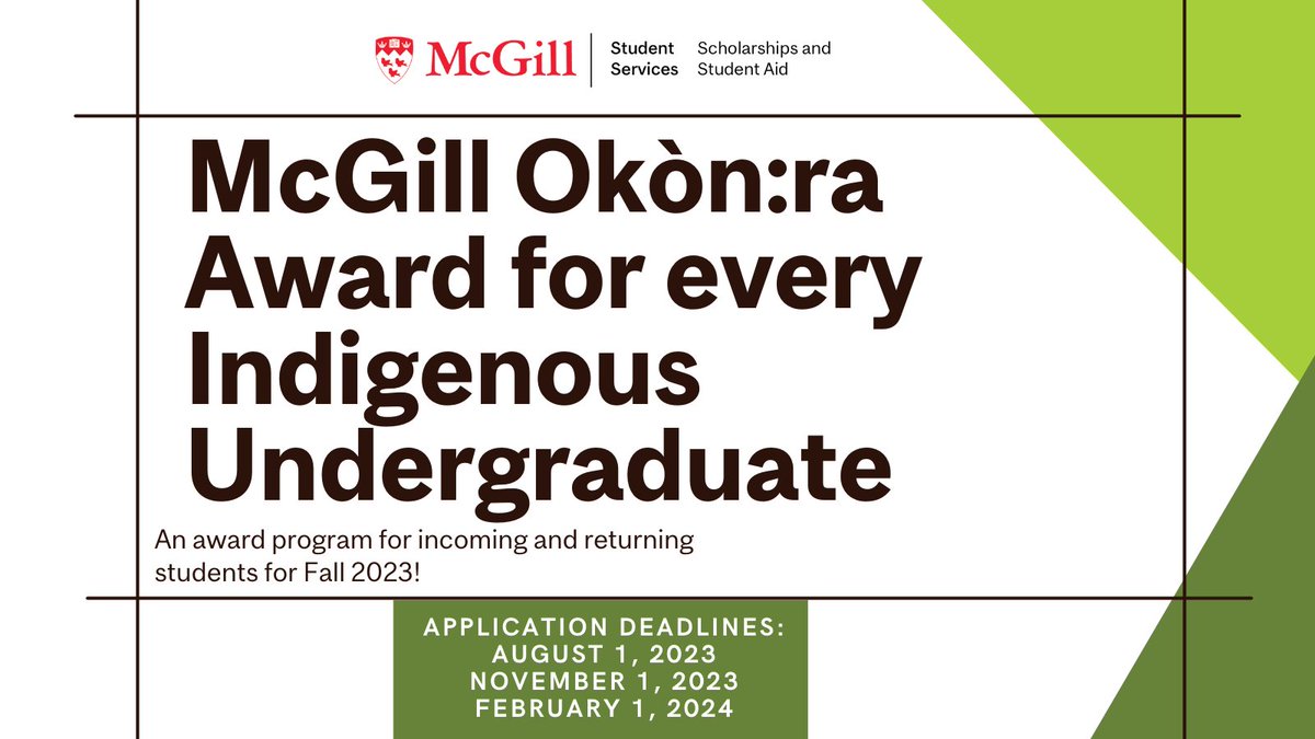 McGill Scholarships and Student Aid (@mcgillaid) on Twitter photo Indigenous Students: Check out the McGill Okòn:ra Award, $5K given annually to every Indigenous undergraduate student who applies! <a href="/mcgillu/">McGill University</a>. The first deadline <a href="/Indspire/">Indspire</a> is August 1. Check out our website for more info #McGill <a href="/FPHMcGill/">firstpeopleshouse</a>
mcgill.ca//indigenous-st… Indigenous Students: Check out the McGill Okòn:ra Award, $5K given annually to every Indigenous undergraduate student who applies! <a href="/mcgillu/">McGill University</a>. The first deadline <a href="/Indspire/">Indspire</a> is August 1. Check out our website for more info #McGill <a href="/FPHMcGill/">firstpeopleshouse</a>
mcgill.ca//indigenous-st…