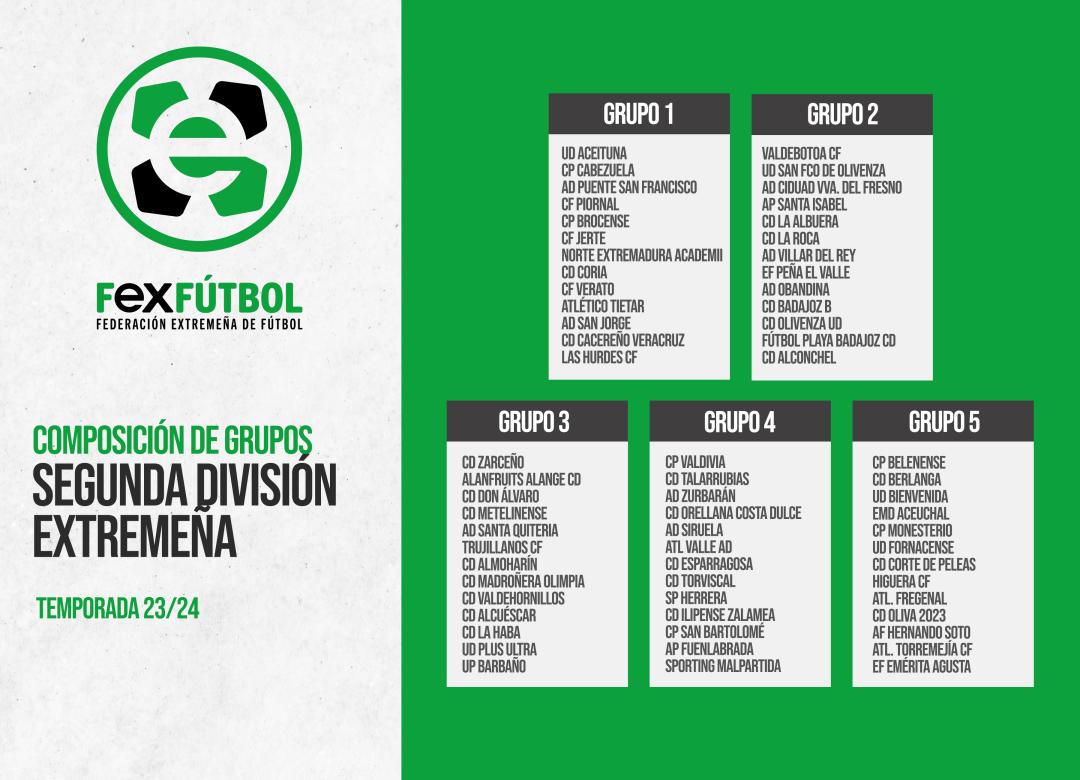 ⚽ | #SegundaExtremeña |

📆Ya disponibles los calendarios T. 23-24:

🔹G1👉goo.su/uBi2
🔹G2👉goo.su/0FPUfs7
🔹G3👉goo.su/CGVf
🔹G4👉goo.su/aUktdOO
🔹G5👉goo.su/Pm3Hfyp

🚀Inicio el 17/9

👍¡Suerte a todos!

#Extremadura💚🤍🖤