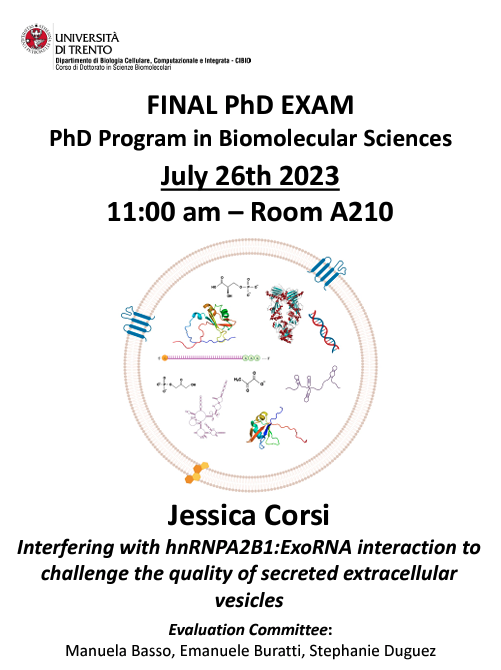 CIBIO_UniTrento's tweet photo. 👩🏻‍🎓Jessica Corsi from Lab of Biotechnology and Nanomedicine will defend her #PhD today: Interfering with hnRNPA2B1:ExoRNA interaction to challenge the quality of secreted extracellular vesicles.  

 🗓️July 26th, 11 am   
🏛️ Povo 1, Room A210 

#EV #research #academia #phdlife https://t.co/awH7X1WnWt
