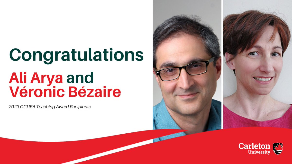 Carleton University Teaching & Learning Services (@cu_teaching) on Twitter photo Congratulations to Ali Arya (<a href="/CarletonIT/">Carleton School of Information Technology</a>) and Véronic Bézaire (<a href="/Carletonchem/">Carleton Chemistry</a>) for being named recipients of the 2023 Ontario Confederation of University Faculty Associations (OCUFA) Teaching Awards. buff.ly/3DublSd Congratulations to Ali Arya (<a href="/CarletonIT/">Carleton School of Information Technology</a>) and Véronic Bézaire (<a href="/Carletonchem/">Carleton Chemistry</a>) for being named recipients of the 2023 Ontario Confederation of University Faculty Associations (OCUFA) Teaching Awards. buff.ly/3DublSd