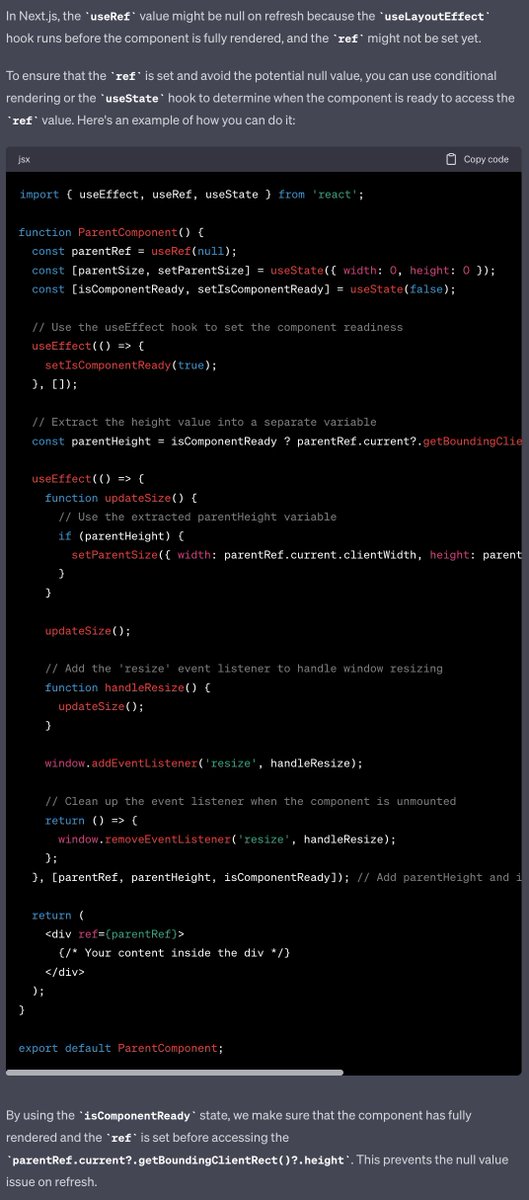 AICodingPrompts's tweet image. AI Coding Prompt: Using next.js, using React.useRef why is the parentRef null on refresh?
#AI #coding #codinglife #vscode #ChatGPT #react #typescript #javascript #Nextjs  #UI