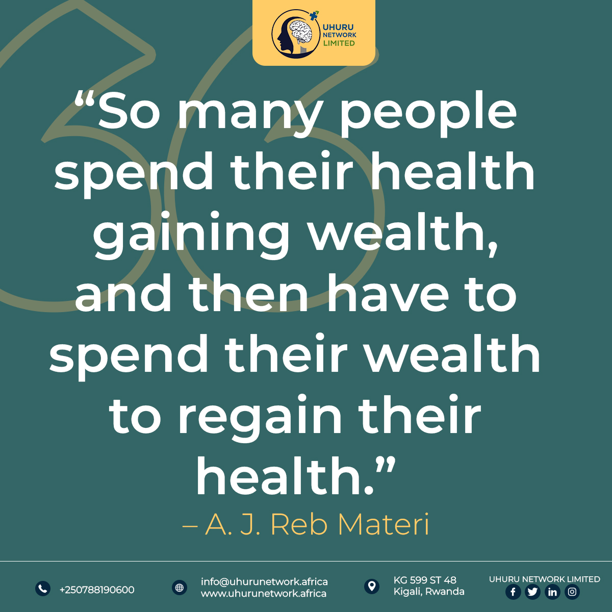 Uhurunetworkltd's tweet photo. "Don't wait for illness to start valuing wellness."

#UhuruNetwork #Rwanda #Wellness #MentalHealth https://t.co/Ve37EeFGnV
