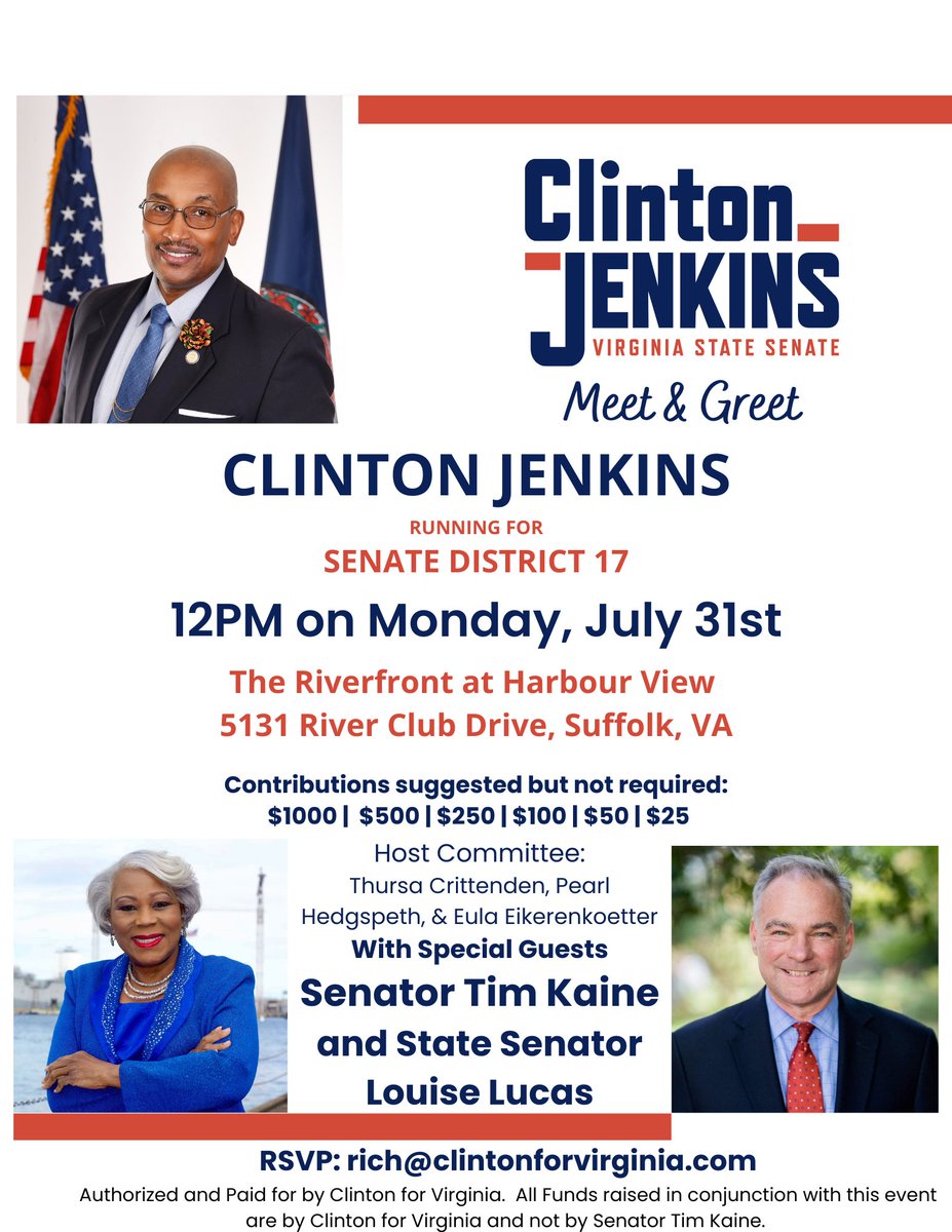 Please join me on Monday, July 31st, for a Meet and Greet with Senator @timkaine ! You can RSVP via email, or by the link right here: secure.actblue.com/donate/jenkins…