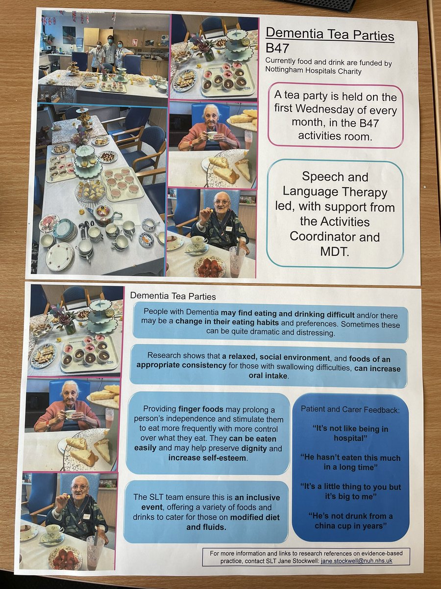 SLT_LouiseL's tweet photo. Our dementia tea party posters are now up outside the QMC SLT dept &amp; ward B47! 🫖🧁☕️🍴
Big shout out to Jane for all her amazing work, it’s been so much fun to support with such a holistic project🥰

@NUHAdultSLT @TeamNUH @WardB47nuh #dementia #IDDSI https://t.co/3OFluq7hyM