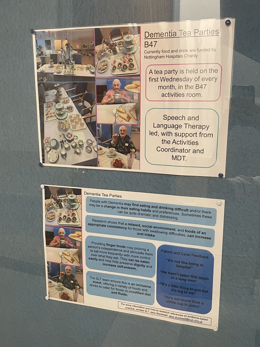 Our dementia tea party posters are now up outside the QMC SLT dept & ward B47! 🫖🧁☕️🍴
Big shout out to Jane for all her amazing work, it’s been so much fun to support with such a holistic project🥰

@NUHAdultSLT @TeamNUH @WardB47nuh #dementia #IDDSI