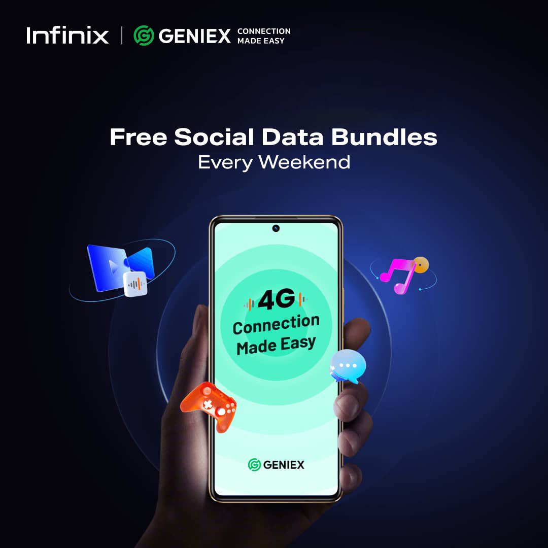 InfinixNigeria's tweet image. Share, Chat, download and Repeat with free social data bundles from @GENIEXNigeria  every weekend.

All you have to do is activate the Geniex app on the #InfinixNote30 and #Note30Pro 

You’ll be able to browse for free till 12pm Midnight for 24hrs every Saturday