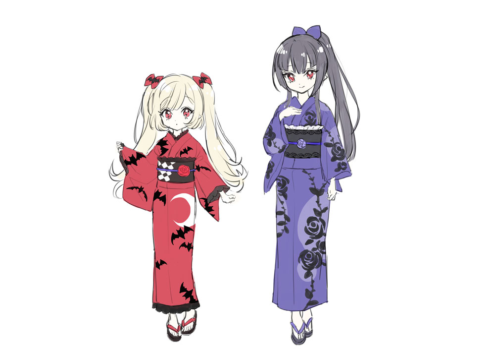 2girls multiple girls kimono japanese clothes red eyes long hair black hair  illustration images