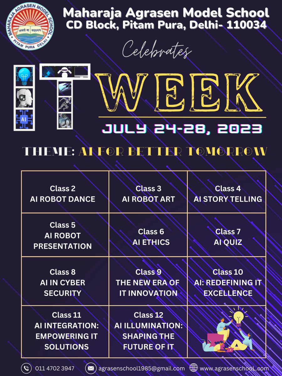 agrasen_model's tweet photo. 🎉 Exciting news! @agrasen_model is all set to celebrate #ITWeek from Jul 24 Jul 28, 2023 📅 Embracing the future with a focus on #AIforBetterTomorrow Let's gear up for an incredible week filled with innovation, learning, &endless possibilities! 🚀 @pratibhakohli @cbseindia29 https://t.co/0iNmuPfR2W