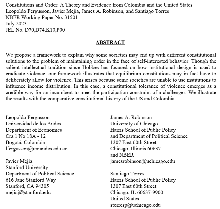 JavierMejiaC's tweet photo. 🚨NEW WORKING PAPER🚨

Since Hobbes, we assume that the natural institutional design is one intended to suppress violence

Here, my coauthors and I provide a theory and historical evidence that shows how societies can choose a design that accepts violence

https://t.co/2vgOrFjELY https://t.co/sXEEGQMAgr
