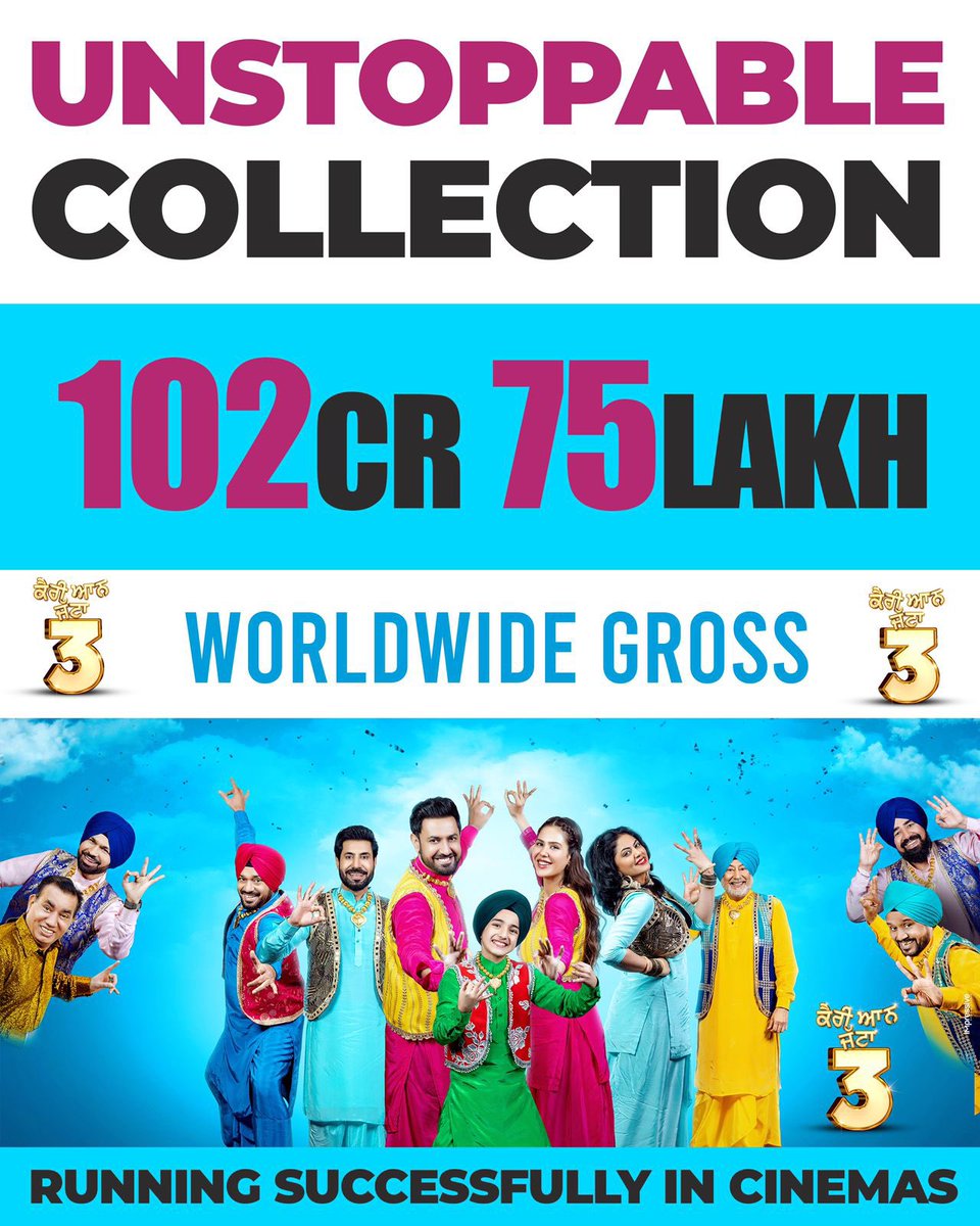 Thankyou everyone for loving #Carryonjatta3 🤗 Successfully Entering 4th week😇 Book Your Tickets Now @GippyGrewal @bajwasonam @binnudhillon @karamjitanmol @Iamkavitak @iamshindagrewal @GurpreetGhuggi @NareshKathooria @BPraak @yourjaani @jatindershah10 @RavneetGrewal__