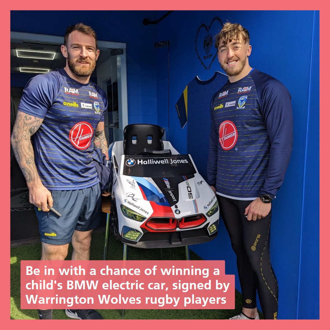 Be in with a chance of winning a child's BMW electric car signed by <a href="/WarringtonRLFC/">Warrington Wolves</a> 🚗

Gemma Leach, a staff member <a href="/WHHNHS/">WHH 🏥</a>, has kindly donated the whizzy rascal car that was used to bring the rugby ball onto the pitch.

Purchase  your raffle ticket 👉 ow.ly/st7850P2qis