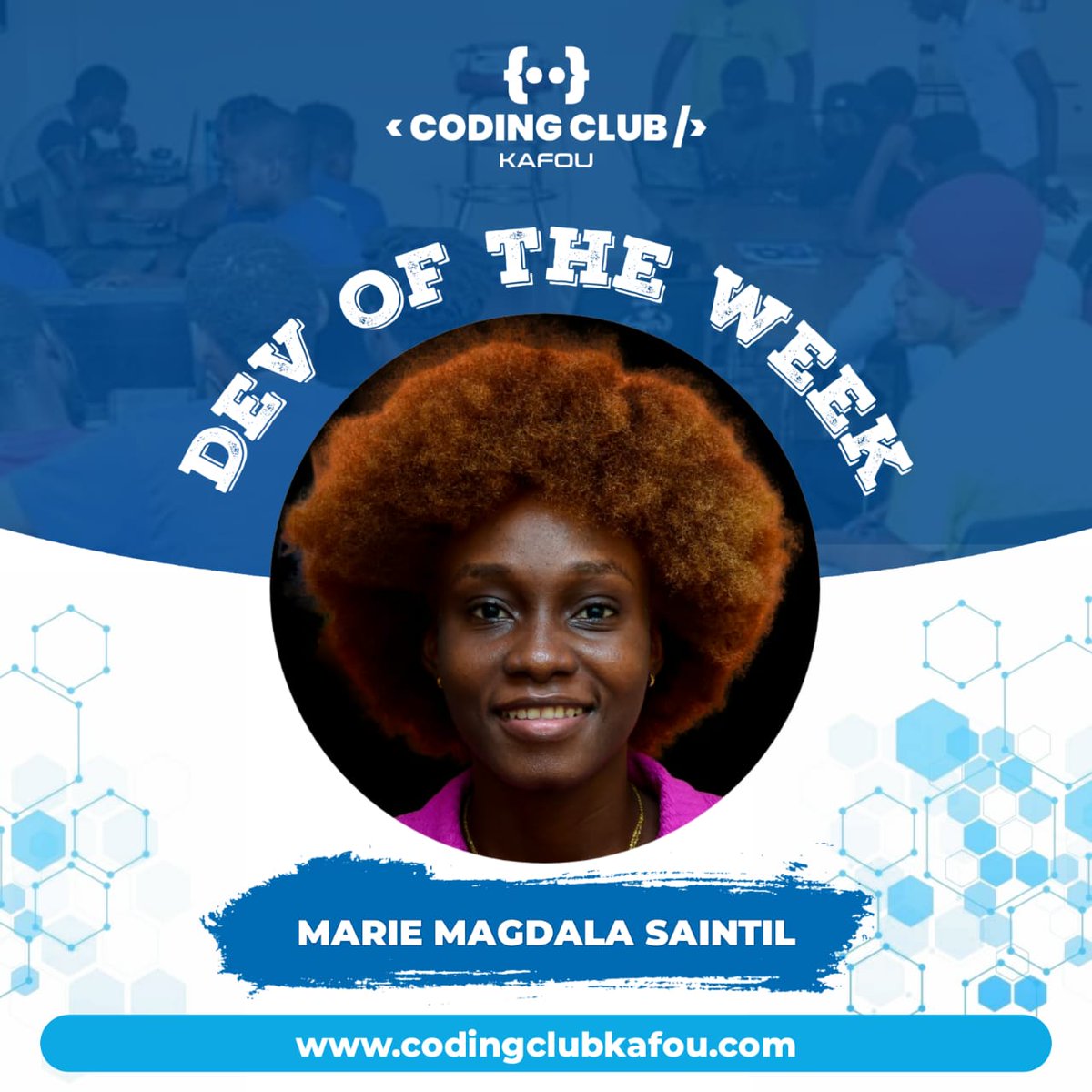 codingclubkafou's tweet photo. Dev Of The Week - Marie Magdala Saintil

Cette semaine, nous sommes ravis de mettre en lumière une développeuse web passionnée et talentueuse, Marie Magdala Saintil. Avec une expertise dans les langages HTML, CSS, JavaScript et PHP, Marie Magdala excelle dans la création et https://t.co/QOfBTI2Wq4