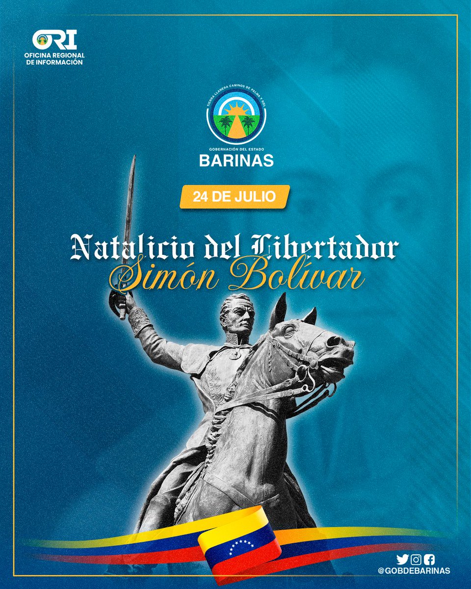 #24Jul | Hoy conmemoramos el natalicio de Simón Bolívar, el Libertador, nació hace 240 años, y dedicó su vida a luchar por la independencia de los pueblos. Con su genio militar y su visión política logró liberar a cinco naciones del yugo español y fundar la Gran Colombia.