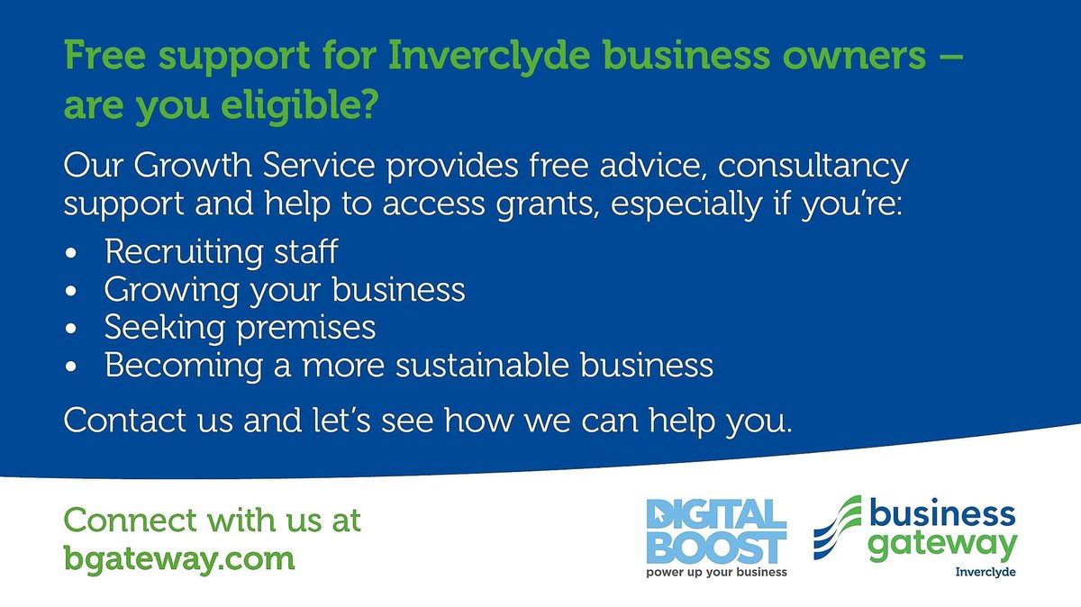 💼 Free support for Inverclyde business owners – are you eligible? Our Growth Service provides free advice, consultancy support and help to access grants, especially if you’re 👨‍💼 Recruiting staff ↗️ Growing your business 🏢 Seeking premises ♻️ Becoming a more sustainable business