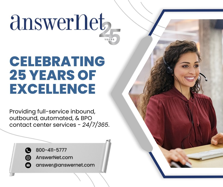 AnswerNet's tweet photo. Join AnswerNet as we begin to celebrate our 25 years of excellence! Thank you to all the clients, partners, and team members who helped along the way. Here's to many more years of collaboration! https://t.co/qFiTaiB6bS #CustomerServiceExcellence #AnniversaryMilestone #AnswerNet https://t.co/lSEPTiaBaC