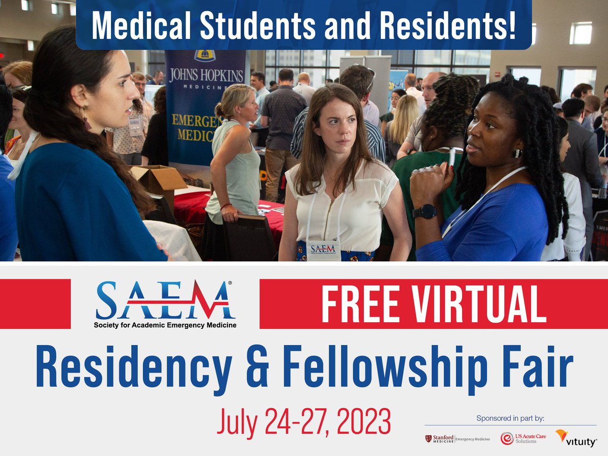 Check out our Virtual Residency &amp; Fellowship Fair this week, sponsored by <a href="/StanfordEMED/">StanfordEM</a> <a href="/VituityHealth/">Vituity</a> and <a href="/USACSolutions/">USACS</a>! Meet with representatives from top programs nationwide to learn about their programs and get advice on the application process

ow.ly/2P4V50PaZIO
