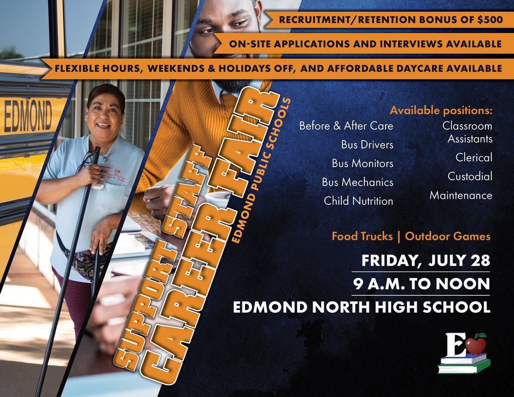 Come by Edmond North this Friday for our Support Staff Career Fair and find a position that fits you! #epsleads #oklahomajobs #educationjobs