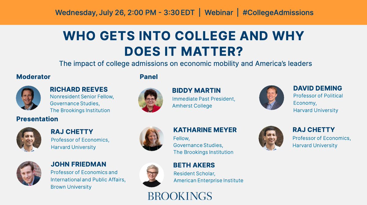 Who gets into college and why does it matter?

This Weds, 7/26, at 2pm @BrookingsGov hosts the @OppInsights team to hear about their latest research on admissions at 'elite' institutions, followed by a panel discussion

Register & send in questions here: brookings.edu/events/who-get…