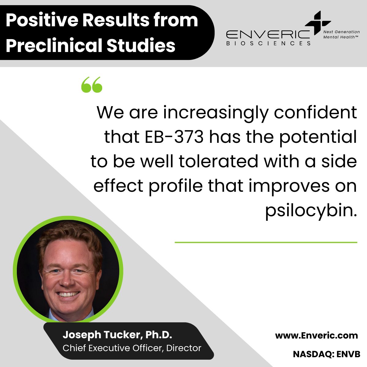 Enveric_Bio's tweet image. @Enveric_Bio reports positive results from preclinical studies supporting metabolic profile of lead candidate EB-373.

Link to press release:  enveric.com/news/enveric-b…

Check out CEO Joseph Tucker's remarks below.

#ENVB #MentalHealth