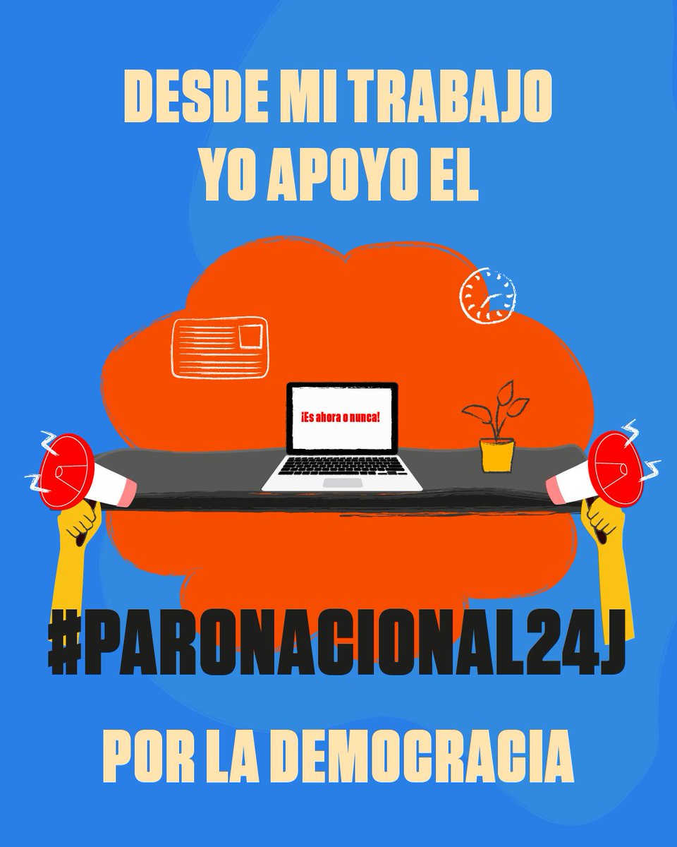 Paramos en defensa de la democracia y si no podés parar, unite virtualmente. Descargá la imagen en el link de nuestro perfil y ponela en todas tus redes sociales. ¡Hasta que caigan los golpistas! #ParoNacional24J ✊