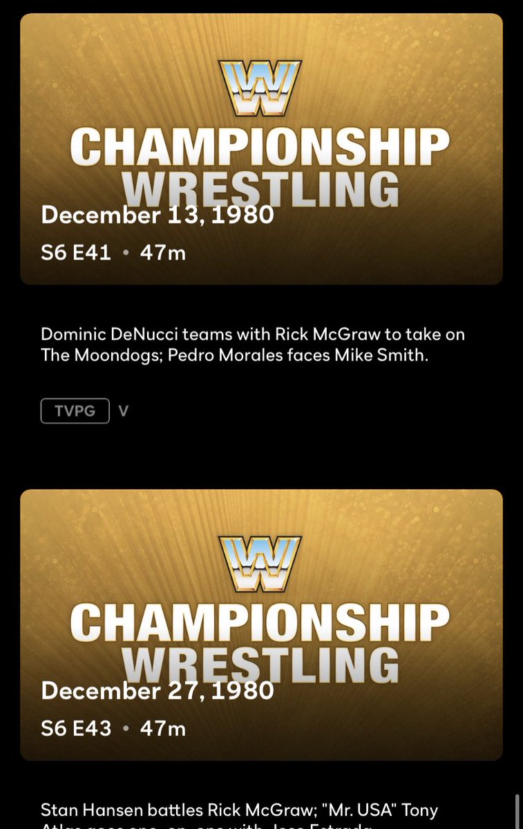 Peacock / WWE Network Classic Content Drop!

Looks like we have nine new episodes of Championship Wrestling, ending 1980 and moving into February 14. https://t.co/KBq5F8UPLO